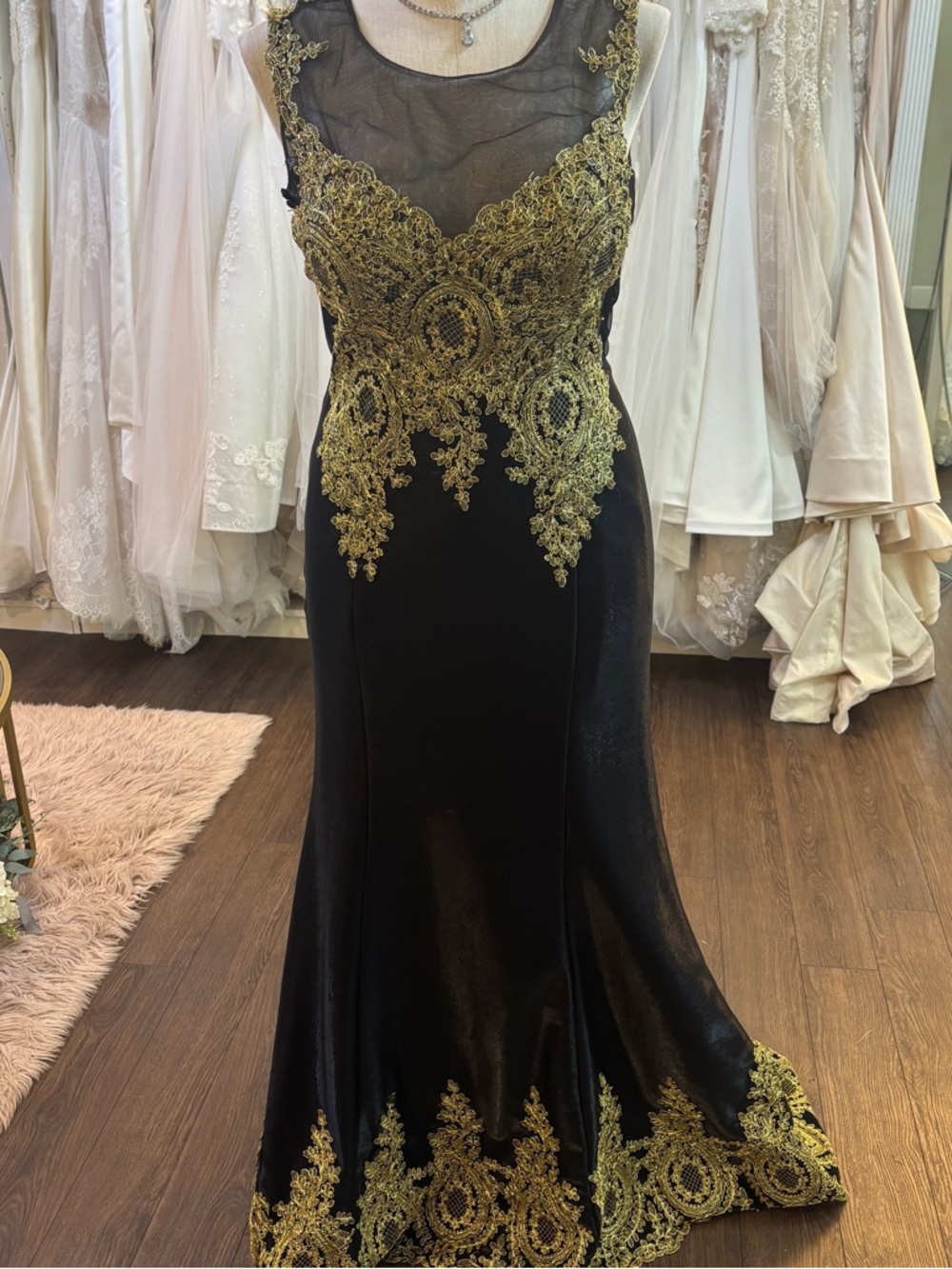 Elegant Black Evening Gown with Gold Lace Appliqué